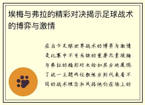 埃梅与弗拉的精彩对决揭示足球战术的博弈与激情