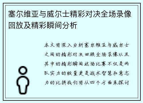 塞尔维亚与威尔士精彩对决全场录像回放及精彩瞬间分析